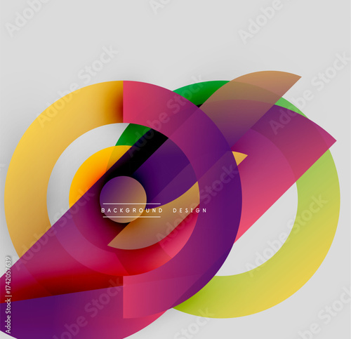 Abstract colorful shapes overlap, creating dynamic composition. Gradients blend smoothly, forming modern visual effect.