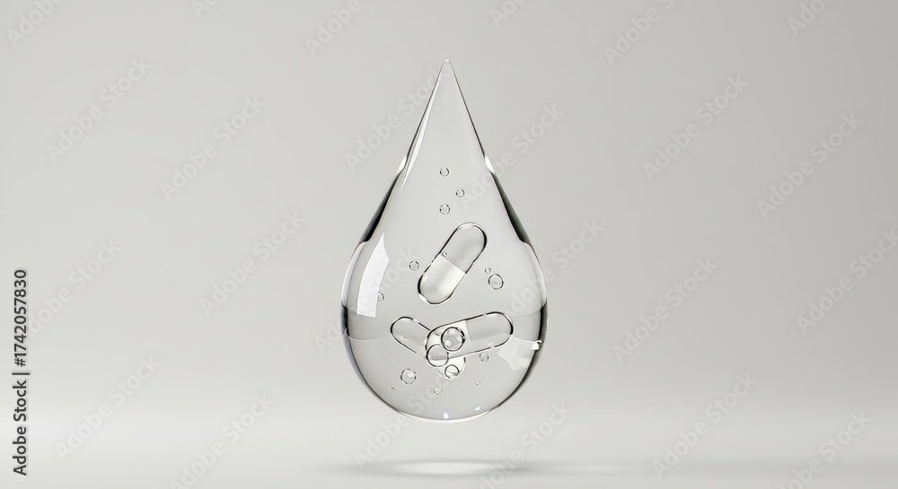 Fototapeta premium Transparent water droplet with floating vitamins symbolizing purity and lightness in health