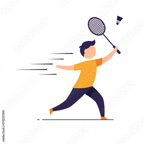 Energetic young man in motion playing badminton with a racket and shuttlecock, illustrating active sports and recreation.