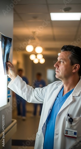 Doctor Examining X-Ray in Hospital Corridor with Focused Expression.