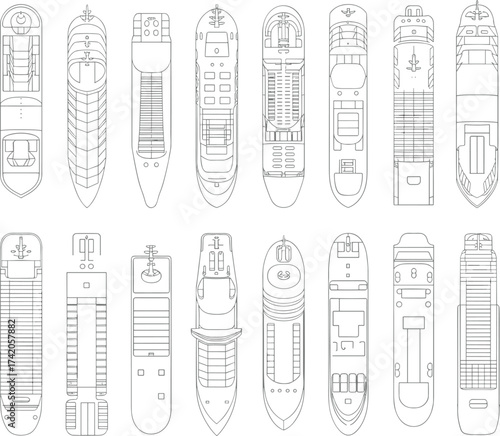 Top-down ship illustration set, cargo vessel, passenger boat, marine engineering layout, naval architecture graphic, black line drawing, ocean transport, deck design, silhouette icon