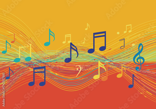 Colorful Music Notes with Abstract Lines on Orange and Red Background.