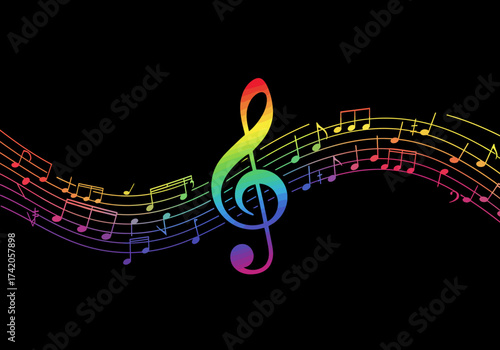 Vibrant Rainbow Treble Clef and Musical Notes on Black Background.