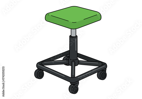 Green rolling stool with adjustable height and black frame.