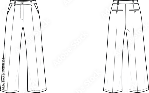 Trousers front and back view, fashion flat sketch, technical apparel template, vector clothing design, garment construction drawing, tailored pants illustration, CAD technical drawing