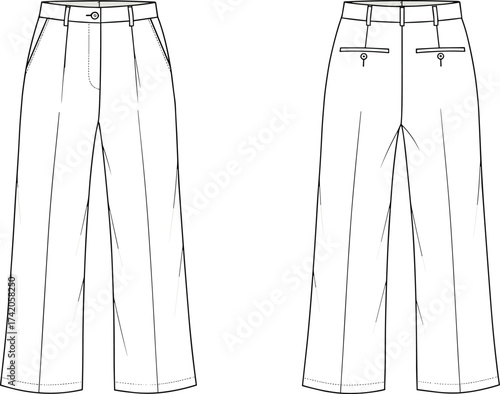 Trousers front and back view, fashion flat sketch, technical apparel template, vector clothing design, garment construction drawing, tailored pants illustration, CAD fashion drawing