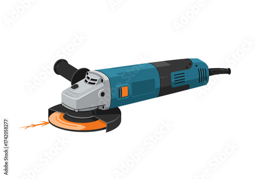 Blue and silver angle grinder with orange cutting disc on white background.