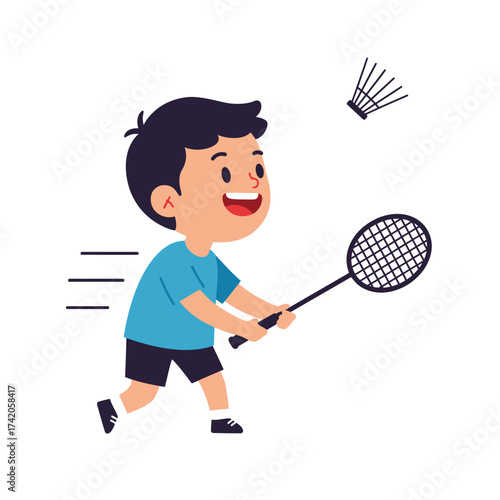 Energetic young boy joyfully playing badminton outdoors, swinging his racket to hit the shuttlecock.