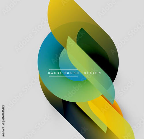 Abstract colorful shapes overlap, creating dynamic visual effect. Gradient hues blend smoothly, modern design element.