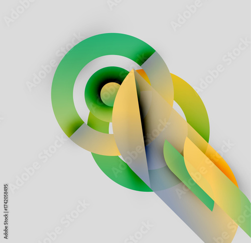 Abstract shapes overlap, creating dynamic composition. Green, yellow, gray hues blend smoothly. Modern design element.
