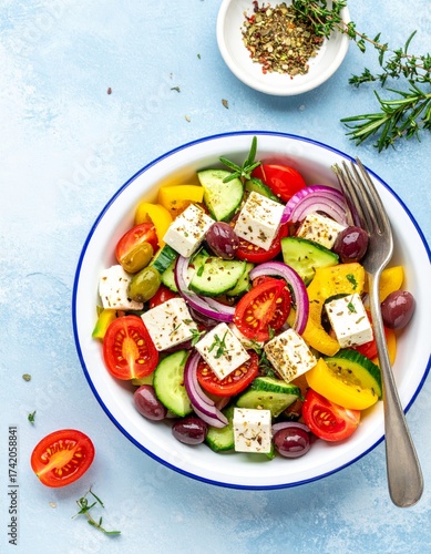Greek salad with cucumber, tomato, feta, olives, onion, bell pepper, oregano, rosemary garnish, in a white bowl on blue background, fresh and Mediterranean.