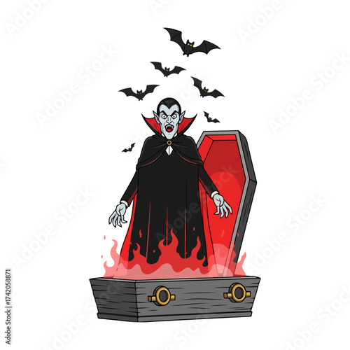 Spooky Cartoon Vampire Rising from Coffin with Glowing Red Light - Halloween Vector Illustration