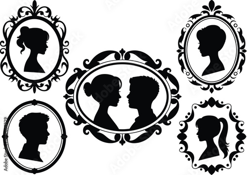 Vintage portrait silhouettes, elegant frames, male and female profiles, Victorian style, antique design, romantic couple, retro art, decorative silhouette, classic illustration, profile vector