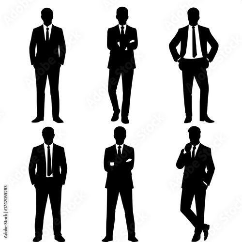 "Series of formal male silhouettes in dark suits and ties, standing in different poses across a white canvas, flat lighting, clean vector illustration."