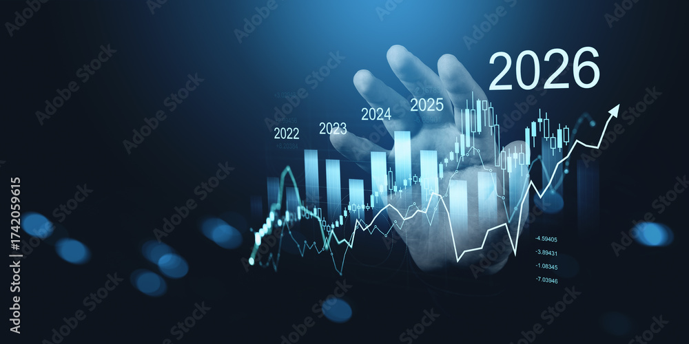 Obraz premium Hand interacting with futuristic financial graph showing data trends from 2022 to 2026, illustrating business growth and future analytics concept.