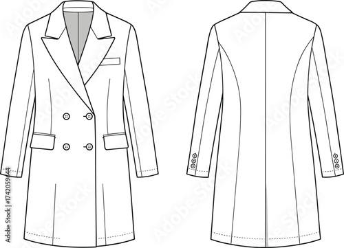Tailored coat front and back view, double breasted fashion flat sketch, technical apparel template, vector clothing design, garment construction drawing, CAD illustration