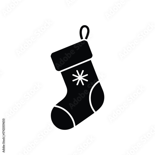Simple black christmas stocking silhouette with snowflake decoration for festive holiday designs