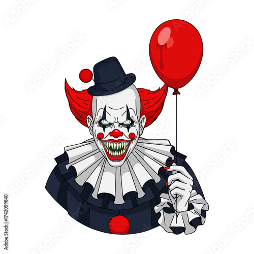 Creepy Clown Vector with Glowing Teeth and Blood-Red Balloon, Cinematic Horror Design
