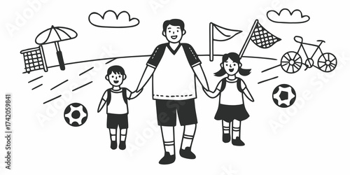 A father walking with his son and daughter on a field with soccer and bicycle in the background scene