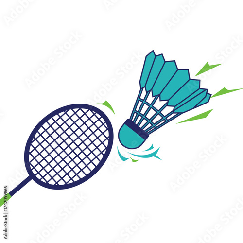A badminton racket hits a shuttlecock in a dynamic action shot, illustrating a fast-paced game.