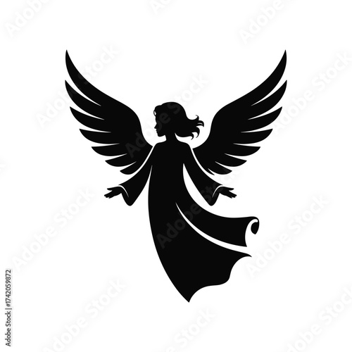 Silhouette of a graceful angel with outstretched wings and flowing robes in flight