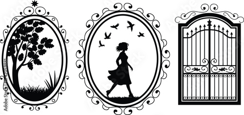 Vintage silhouette frame design with girl walking, birds flying, ornate gate, tree landscape, classic black art, elegant border illustration, nature scene in oval