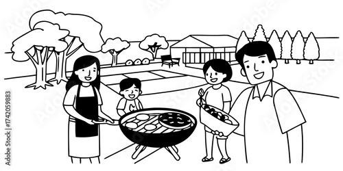 A family enjoys a barbecue in a park with trees and a building in the background on a sunny day outdoors