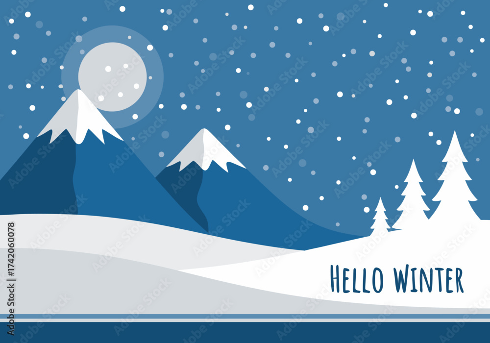 Fototapeta premium Serene winter night landscape vector art featuring snow-capped mountains, evergreen trees, and falling snow under a bright full moon