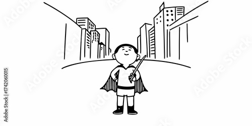 Boy in superhero costume standing in a city street holding a wand with buildings in the background