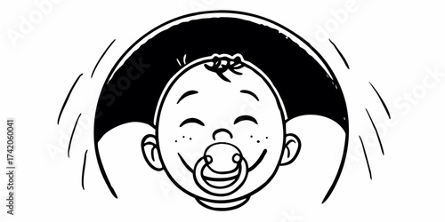 Illustration of a happy baby with a pacifier in black and white with a dark background outline