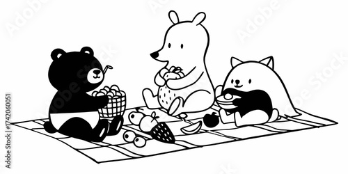 Three cartoon animals enjoying a picnic with fruits on a checkered blanket in black and white style