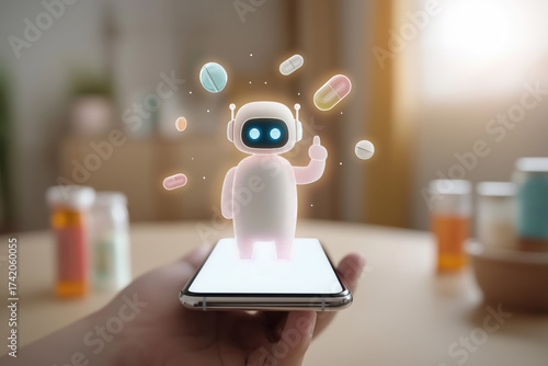 3D Hologram Chatbot Suggesting Medicine Pills Above Smartphone - AI Medical Assistant