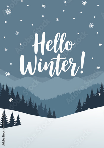 Charming flat design illustration capturing the essence of a serene winter wonderland with snow-capped peaks and frosty pines