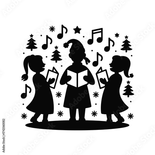 Children singing christmas carols in festive silhouette with musical notes and trees