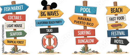 Colorful beach direction signs illustration, tropical summer holiday vibe, cartoon wooden signboards pointing to fish market, pool, taxi, and festival locations