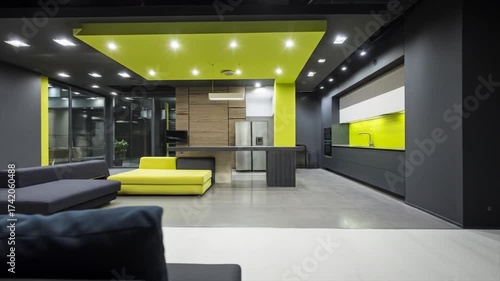 Modern interior design kitchen and living room with green and gray