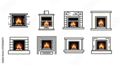 Collection of diverse fireplace designs featuring cozy glowing fires warmth and ambiance vector