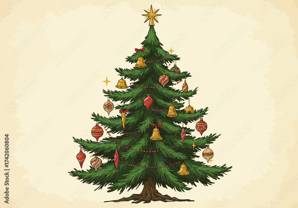 Fototapeta premium Decorated Christmas Tree with Ornaments and Star Topper.