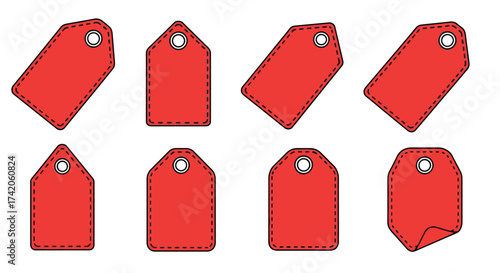 Set of eight red blank retail sale tags with holes for price information and display vector