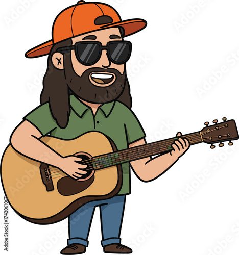 Cartoon man playing acoustic guitar, musician with beard, sunglasses, cap, smiling character, music lover, vector illustration for lifestyle and entertainment
