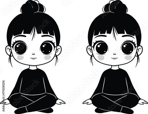 Cartoon child sitting, cross-legged pose, cute character illustration, identical kids vector, flat design, cad drawing flat vector illustration, stock artwork