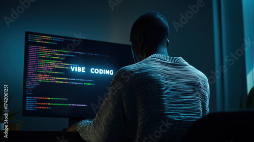 Young Black Man Programming on Computer Screen in Dark Room — Vibe Coding