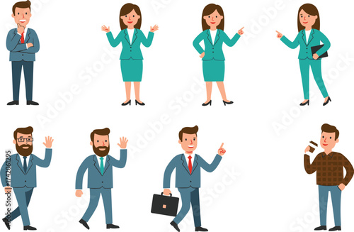 Business people cartoon, professional character set, office attire illustration, diverse poses, corporate team vector, flat design, cad drawing flat vector illustration