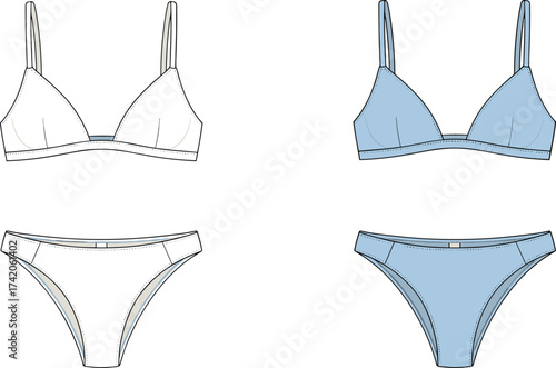 Women's lingerie technical sketch, bra and panty set, front view, color variation, stitching detail, cad drawing flat vector illustration