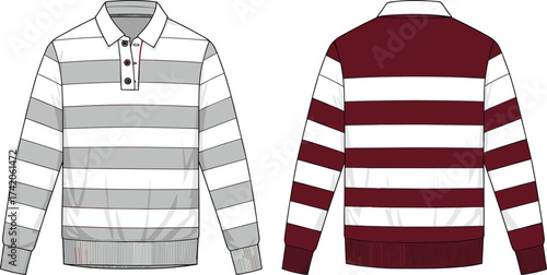 cad drawing flat vector illustration, rugby shirt front and back view, striped long sleeve top, fashion technical sketch template