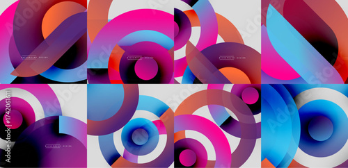 Abstract colorful shapes overlap, creating dynamic compositions. Vivid gradients blend, forming modern backgrounds. Smooth curves dominate design.