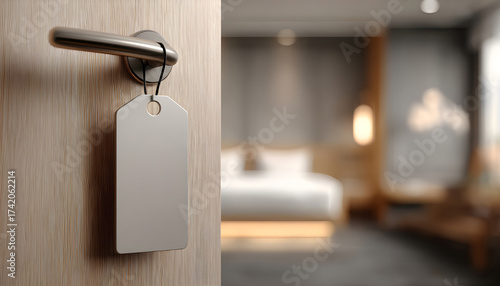 Wallpaper Mural Blank door hanger mockup on hotel room door handle with blurred interior background for branding presentation and advertising display concept Torontodigital.ca