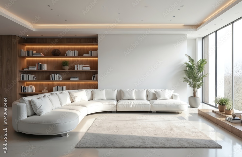 Fototapeta premium Spacious white living room with curved modular sofa, built-in wood bookshelves, large windows. Natural light illuminates minimalist interior with potted plants, soft rug, creating serene atmosphere