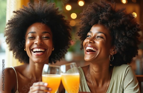 Two Black women laugh heartily at a cafe table. They hold glasses with orange drinks. Sunlight illuminates their joyful faces and curly hair.