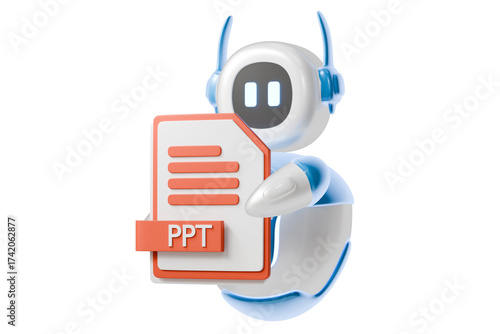 3d robot holding ppt file icon. presentation slides concept. Minimal cartoon powerpoint ppt slide deck mascot for app banner and website header. isolated on white background. 3d render.